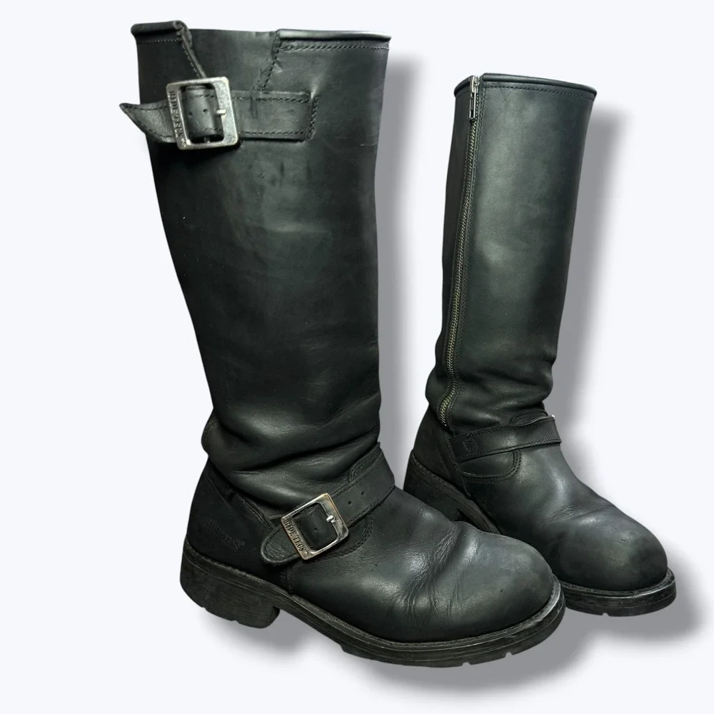RIDE TECs Men's Black Leather Engineer Biker Boots Mid-Calf Round Toe Men's 8.5